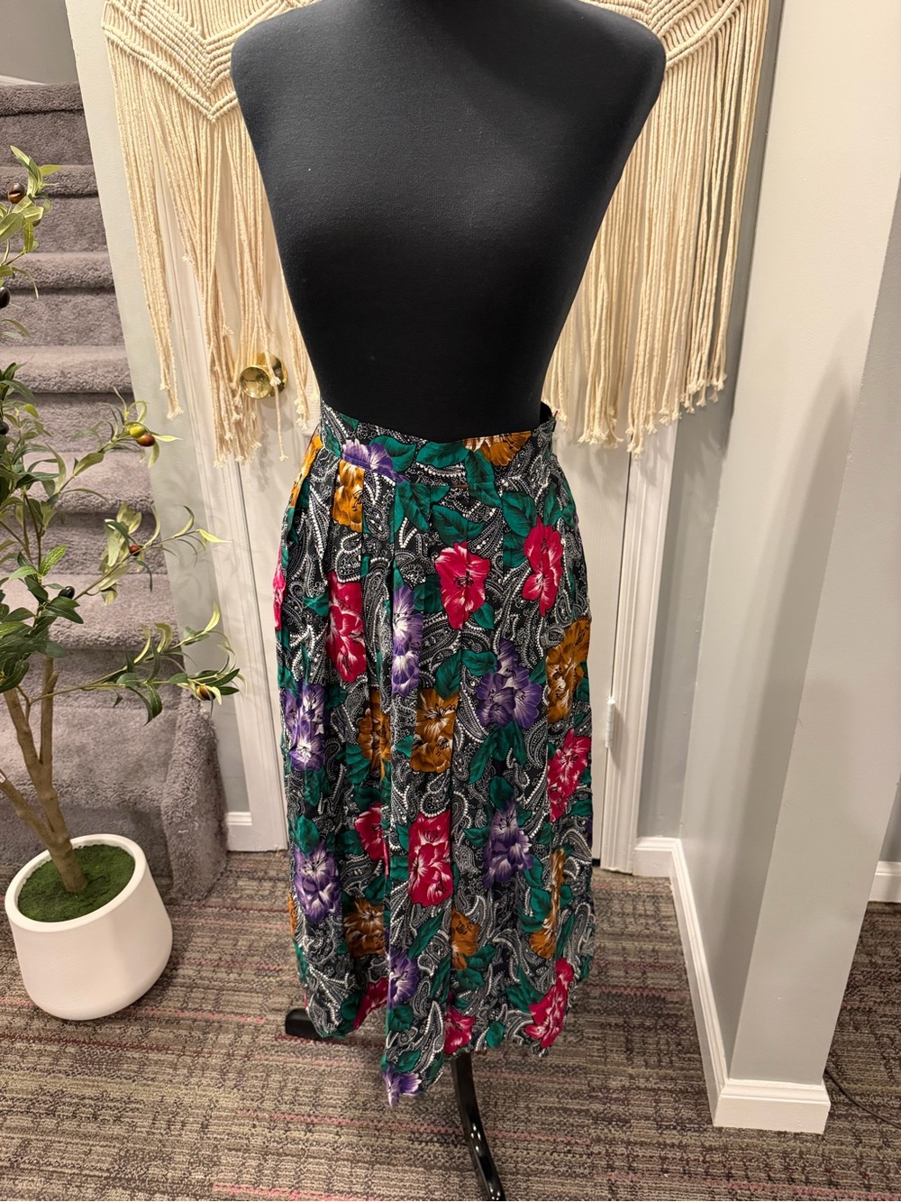 Floral Midi Skirt in Green with Pink & Purple Blooms